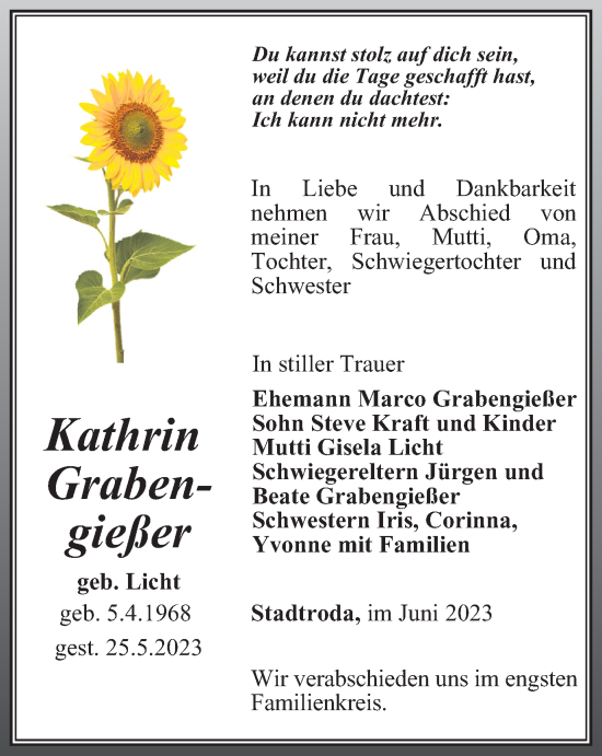 Traueranzeige von Kathrin Grabengießer von Ostthüringer Zeitung