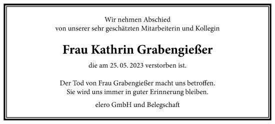 Traueranzeige von Kathrin Grabengießer von Ostthüringer Zeitung