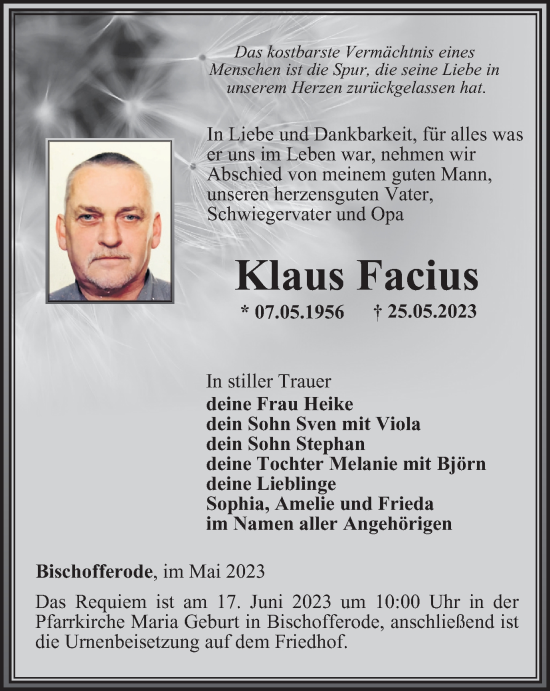 Traueranzeige von Klaus Facius von Thüringer Allgemeine