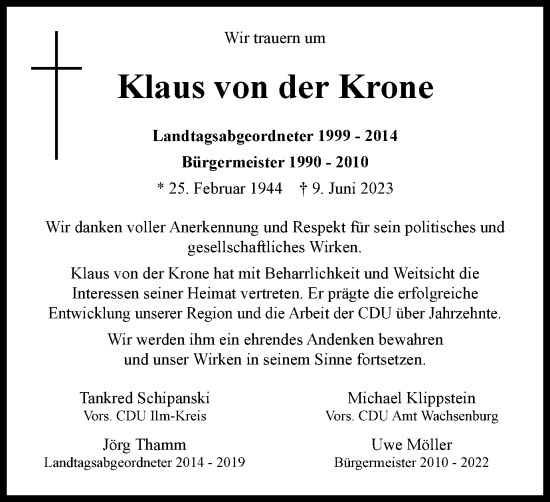 Traueranzeige von Klaus  von der Krone von Thüringer Allgemeine