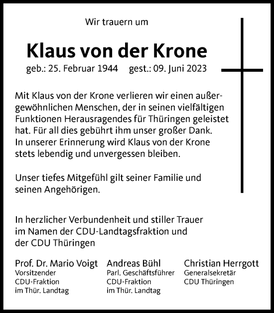 Traueranzeige von Klaus  von der Krone von Thüringer Allgemeine