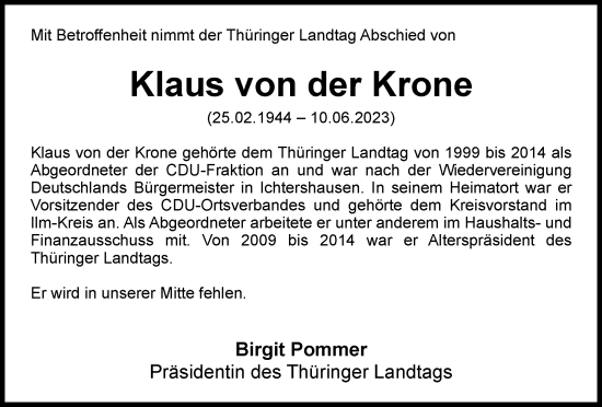 Traueranzeige von Klaus  von der Krone von Thüringer Allgemeine