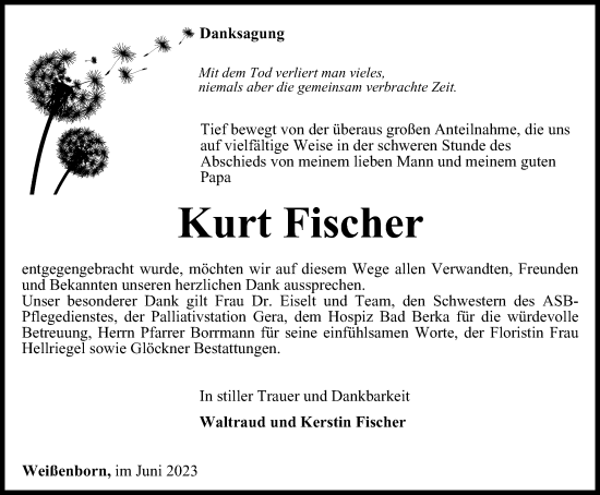 Traueranzeige von Kurt Fischer von Ostthüringer Zeitung