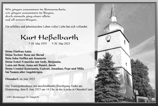 Traueranzeige von Kurt Heßelbarth von Ostthüringer Zeitung