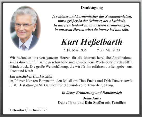 Traueranzeige von Kurt Heßelbarth von Ostthüringer Zeitung