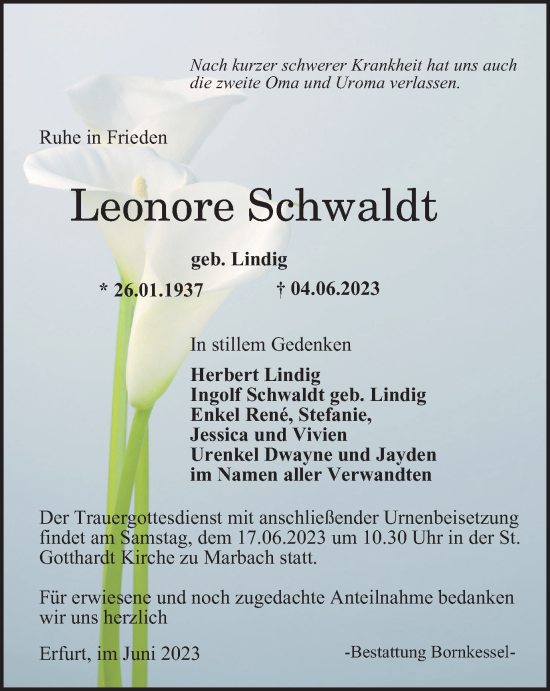 Traueranzeige von Leonore Schwaldt