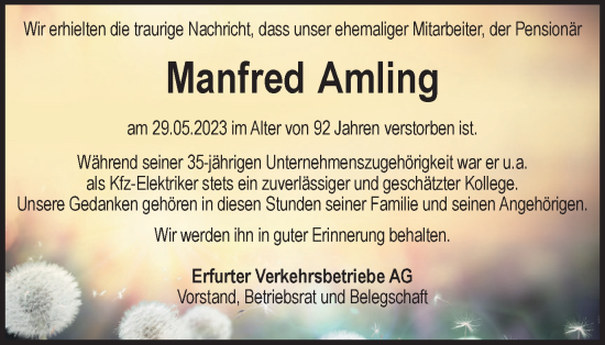 Traueranzeige von Manfred Amling von Thüringer Allgemeine, Thüringische Landeszeitung