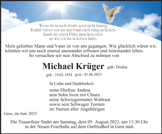 Traueranzeige von Michael Krüger von Ostthüringer Zeitung