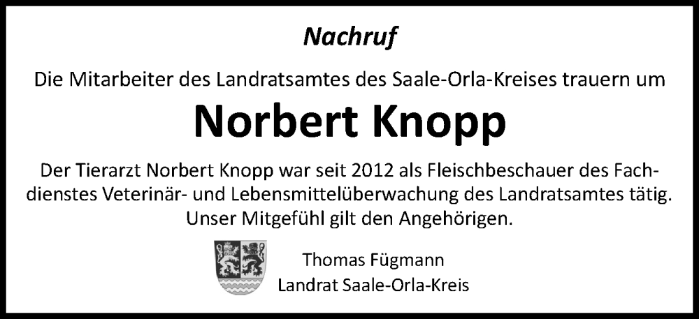  Traueranzeige für Norbert Knopp vom 03.06.2023 aus Ostthüringer Zeitung