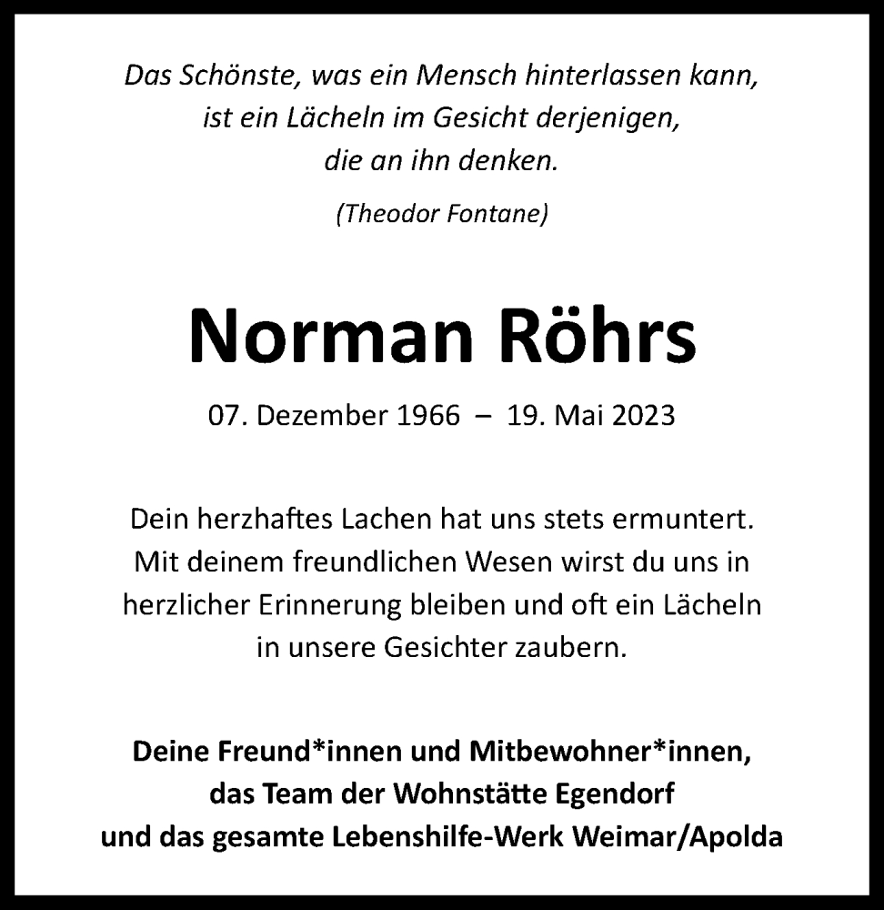  Traueranzeige für Norman Röhrs vom 16.06.2023 aus Thüringer Allgemeine, Thüringische Landeszeitung