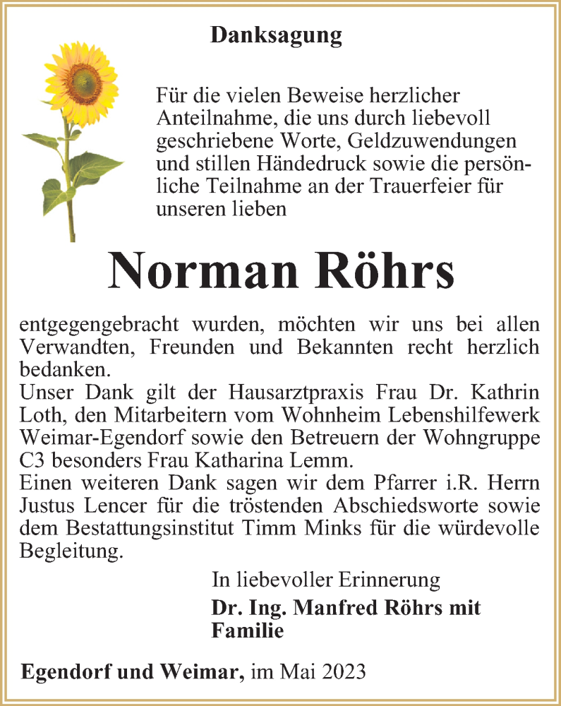  Traueranzeige für Norman Röhrs vom 24.06.2023 aus Thüringer Allgemeine, Thüringische Landeszeitung