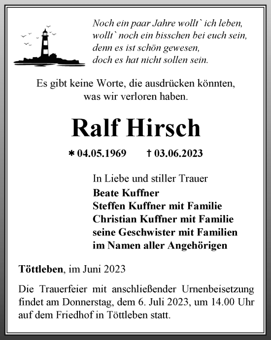 Traueranzeige von Ralf Hirsch von Thüringer Allgemeine, Thüringische Landeszeitung