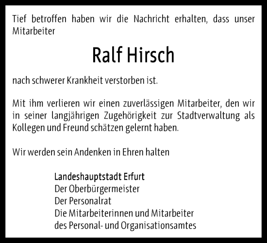 Traueranzeige von Ralf Hirsch von Thüringer Allgemeine, Thüringische Landeszeitung