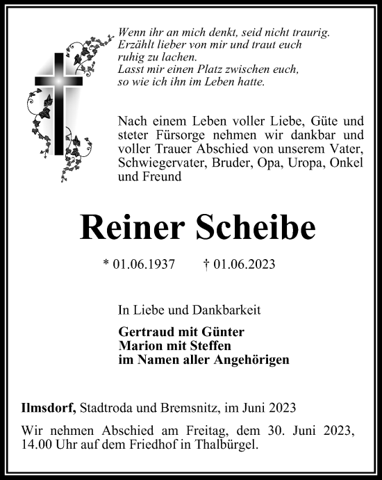 Traueranzeige von Reiner Scheibe von Ostthüringer Zeitung