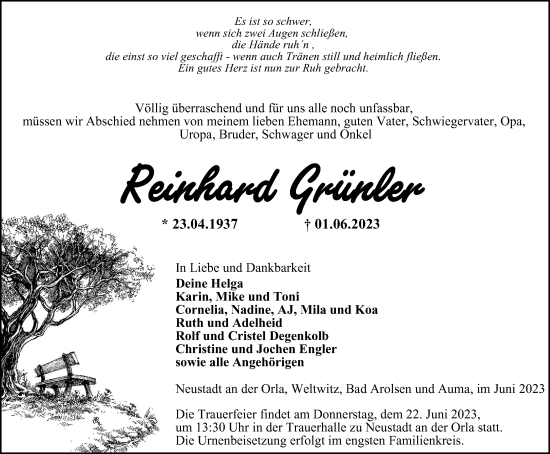 Traueranzeige von Reinhard Grünler