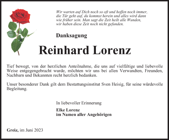 Traueranzeige von Reinhard Lorenz von Ostthüringer Zeitung