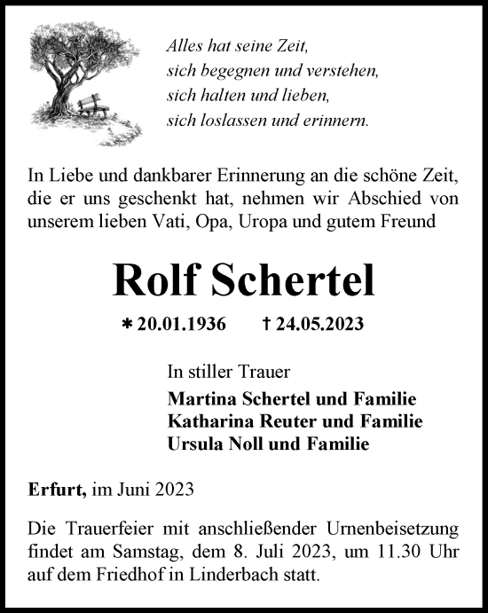 Traueranzeige von Rolf Schertel von Thüringer Allgemeine, Thüringische Landeszeitung