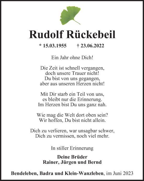 Traueranzeige von Rudolf Rückebeil