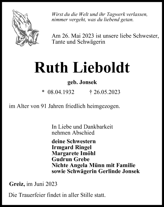 Traueranzeige von Ruth Lieboldt von Ostthüringer Zeitung