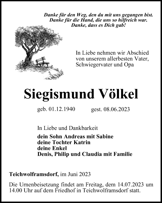 Traueranzeige von Siegismund Völkel von Ostthüringer Zeitung