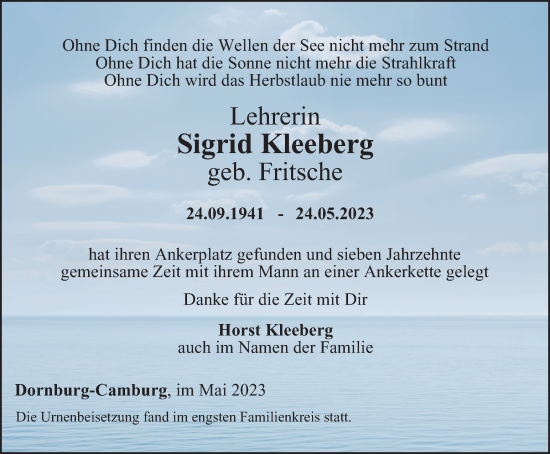 Traueranzeige von Sigrid Kleeberg von Ostthüringer Zeitung, Thüringische Landeszeitung