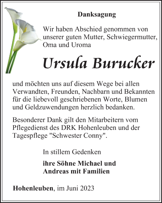 Traueranzeige von Ursula Burucker von Ostthüringer Zeitung