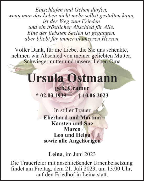 Traueranzeige von Ursula Ostmann von Thüringer Allgemeine, Thüringische Landeszeitung