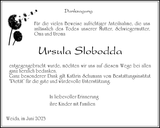 Traueranzeige von Ursula Slobodda von Ostthüringer Zeitung