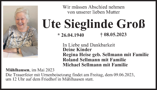 Traueranzeige von Ute Sieglinde Groß von Thüringer Allgemeine, Thüringische Landeszeitung