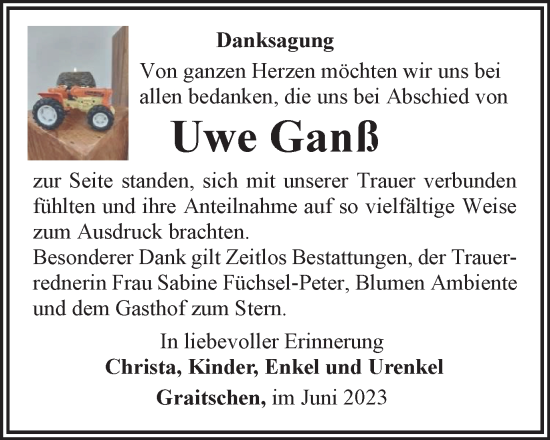 Traueranzeige von Uwe Ganß von Ostthüringer Zeitung, Thüringische Landeszeitung