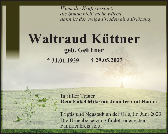 Traueranzeige von Waltraud Küttner