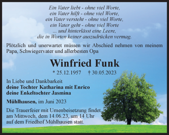 Traueranzeige von Winfried Funk von Thüringer Allgemeine, Thüringische Landeszeitung