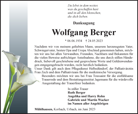 Traueranzeige von Wolfgang Berger von Thüringer Allgemeine, Thüringische Landeszeitung