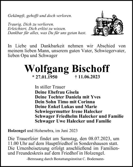 Traueranzeige von Wolfgang Bischoff