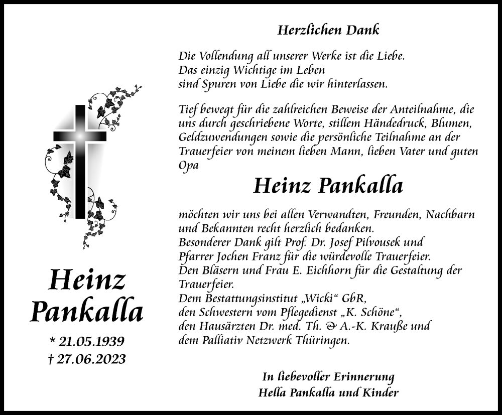 Traueranzeigen von Heinz Pankalla trauerinthueringen.de