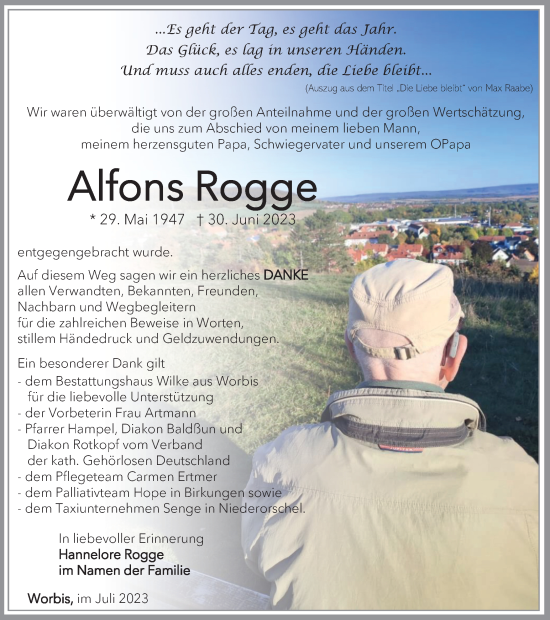 Traueranzeige von Alfons Rogge von Thüringer Allgemeine
