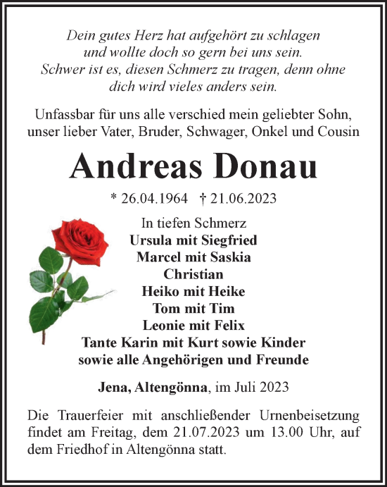 Traueranzeige von Andreas Donau von Ostthüringer Zeitung, Thüringische Landeszeitung