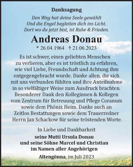 Traueranzeige von Andreas Donau von Ostthüringer Zeitung, Thüringische Landeszeitung