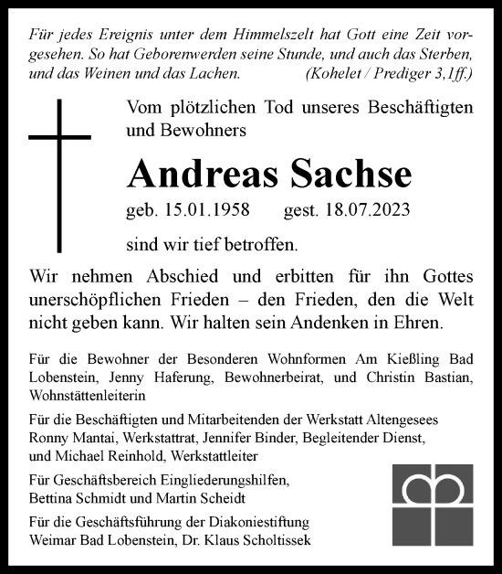 Traueranzeige von Andreas Sachse von Ostthüringer Zeitung