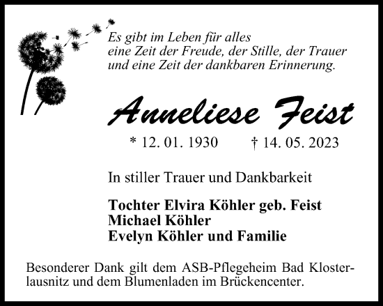 Traueranzeige von Anneliese Feist von Ostthüringer Zeitung