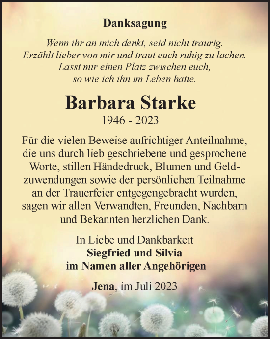 Traueranzeige von Barbara Starke von Ostthüringer Zeitung, Thüringische Landeszeitung