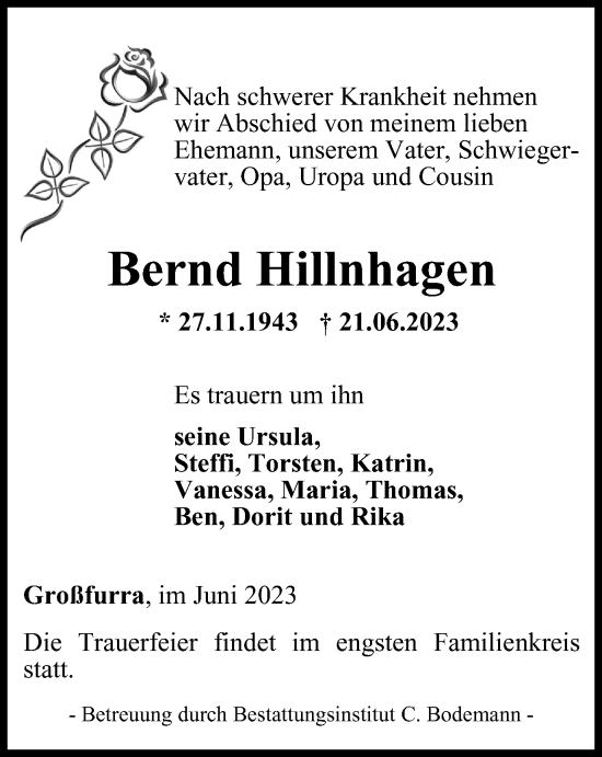 Traueranzeige von Bernd Hillnhagen