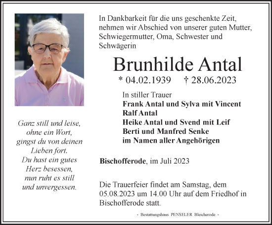 Traueranzeige von Brunhilde Antal von Thüringer Allgemeine