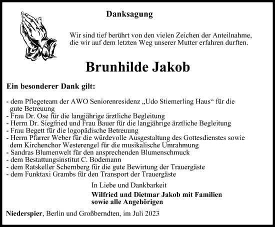 Traueranzeige von Brunhilde Jakob