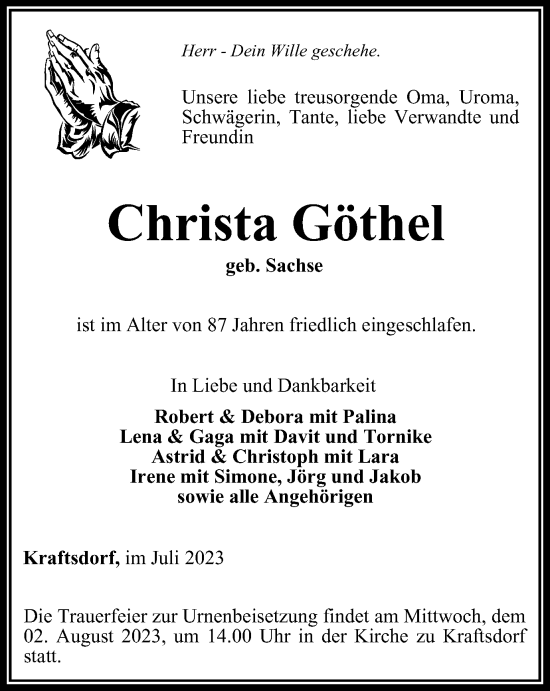 Traueranzeigen Von Christa Göthel | Trauer-in-thueringen.de