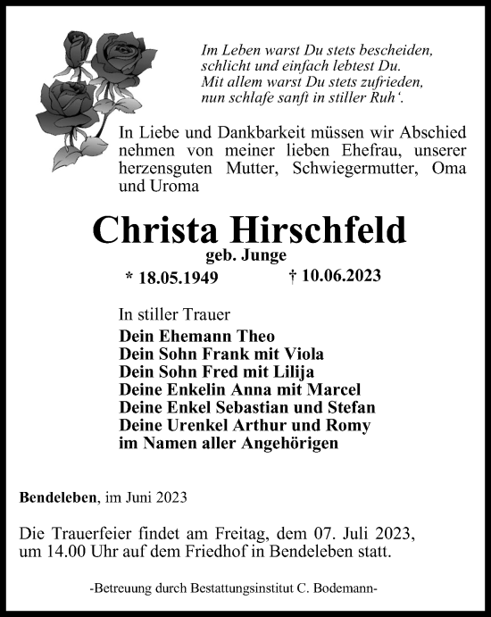 Traueranzeige von Christa Hirschfeld