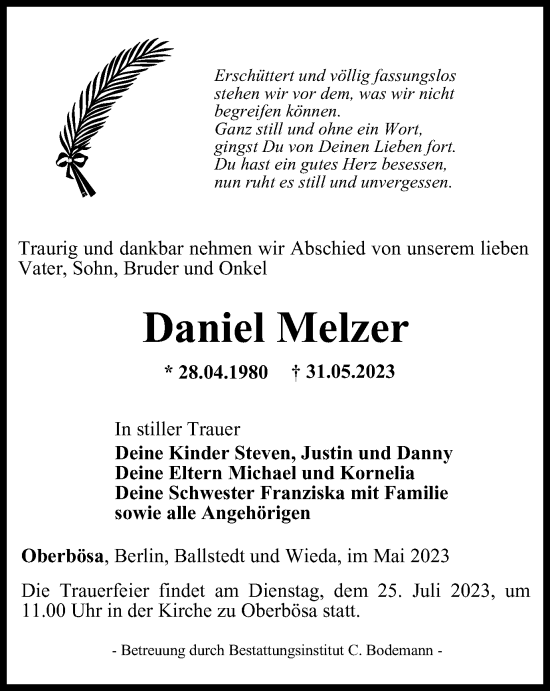 Traueranzeige von Daniel Melzer