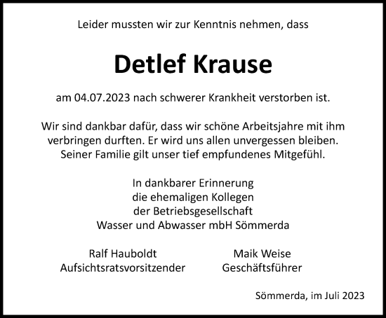 Traueranzeige von Detlef Krause von Thüringer Allgemeine