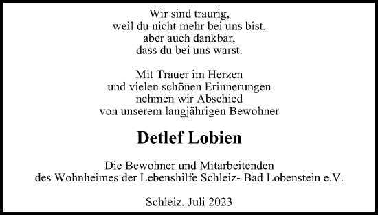 Traueranzeige von Detlef Lobien von Ostthüringer Zeitung