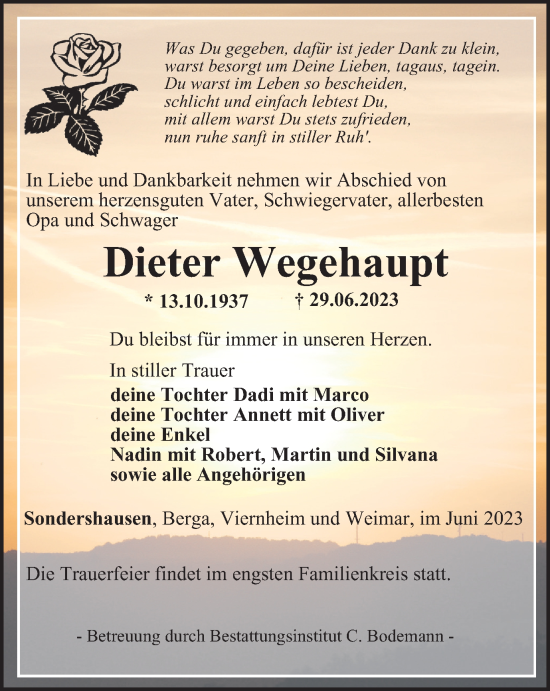 Traueranzeige von Dieter Wegehaupt